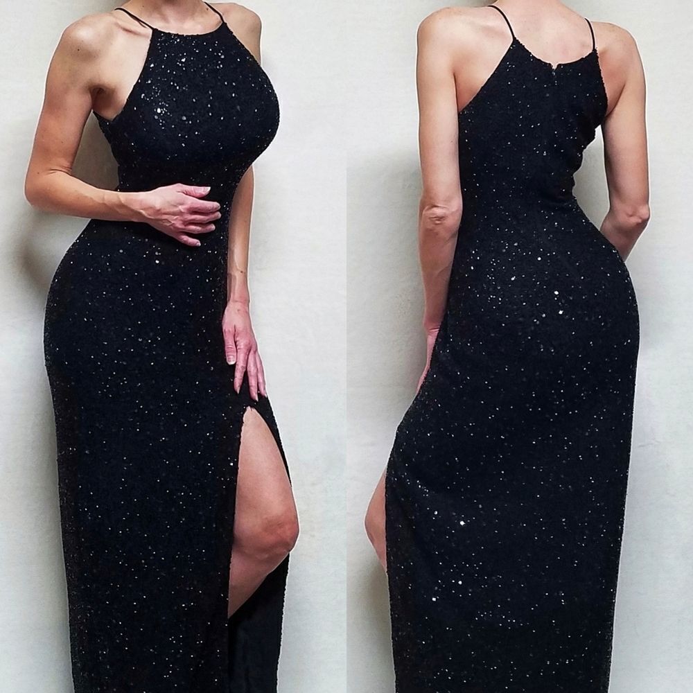 VINTAGE Marina B Black Sequin Beaded Side Slit Sleeveless Formal Maxi Dress 14